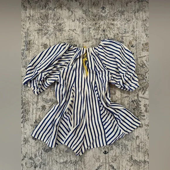 Klesis Blue and White Striped Romper with Yellow Trim - Picture 3 of 4